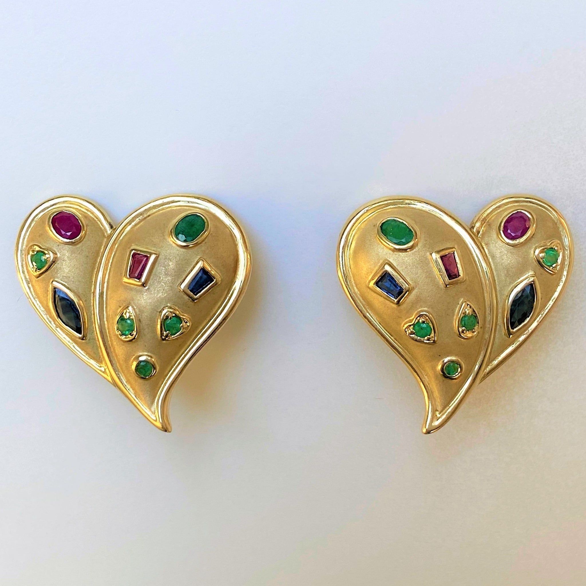 14ct Gold, Emerald, Ruby and Sapphire "Heart" Earrings