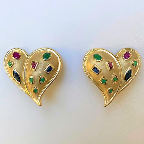 14ct Gold, Emerald, Ruby and Sapphire "Heart" Earrings