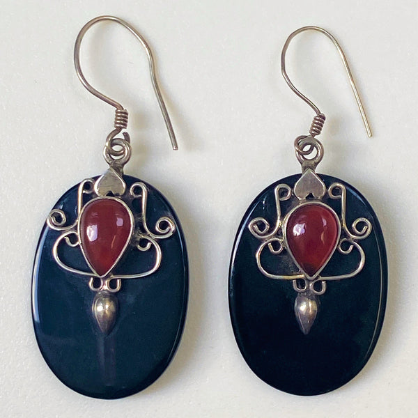 Sterling Silver, Carnelian and Onyx Drop Earrings