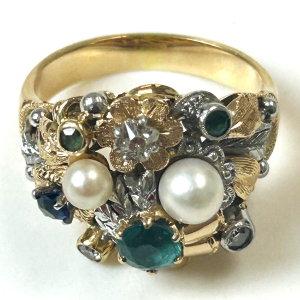 Vintage 18ct Gold, Pearl, Diamond and Gem Dress Ring