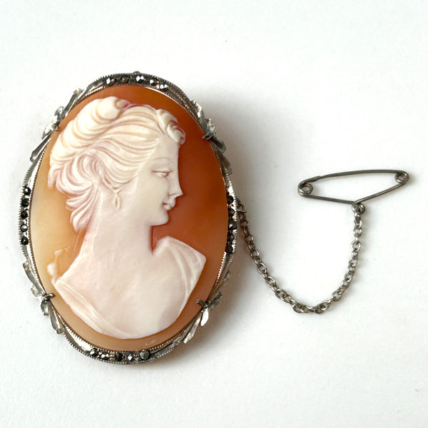 Silver, Marcasite, and Shell Cameo Pendant Brooch