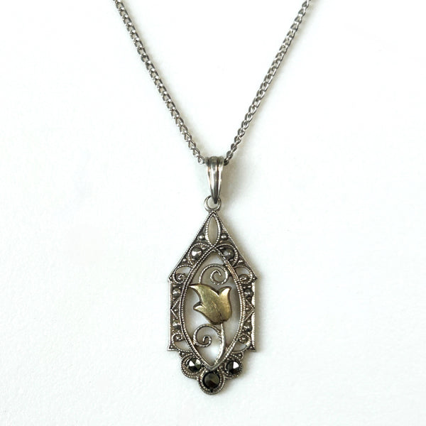 Sterling Silver and Marcasite “Tulip” Pendant with Curb Chain