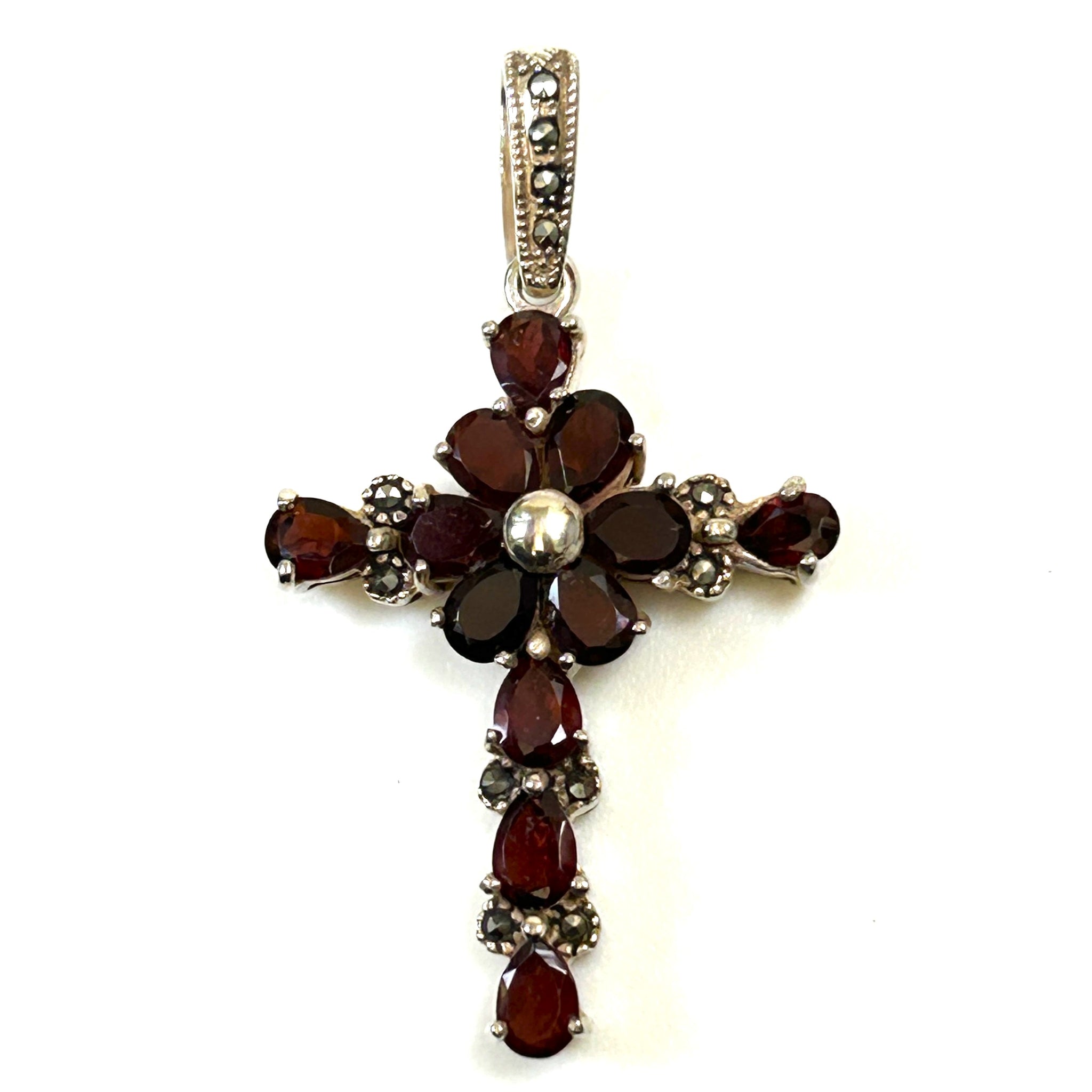 Sterling Silver Garnet and Marcasite “Cross” Pendant