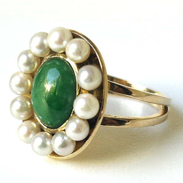 Vintage 18ct Gold, Jade and Pearl Ring