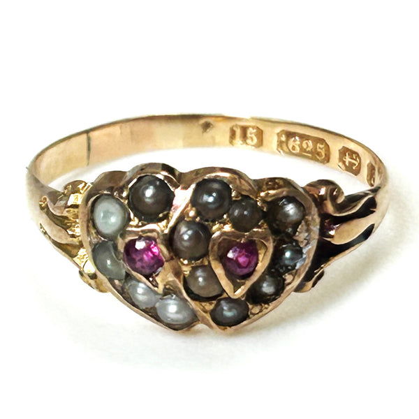 Antique 15ct Gold, Ruby and Seed Pearl “Double Heart” Ring