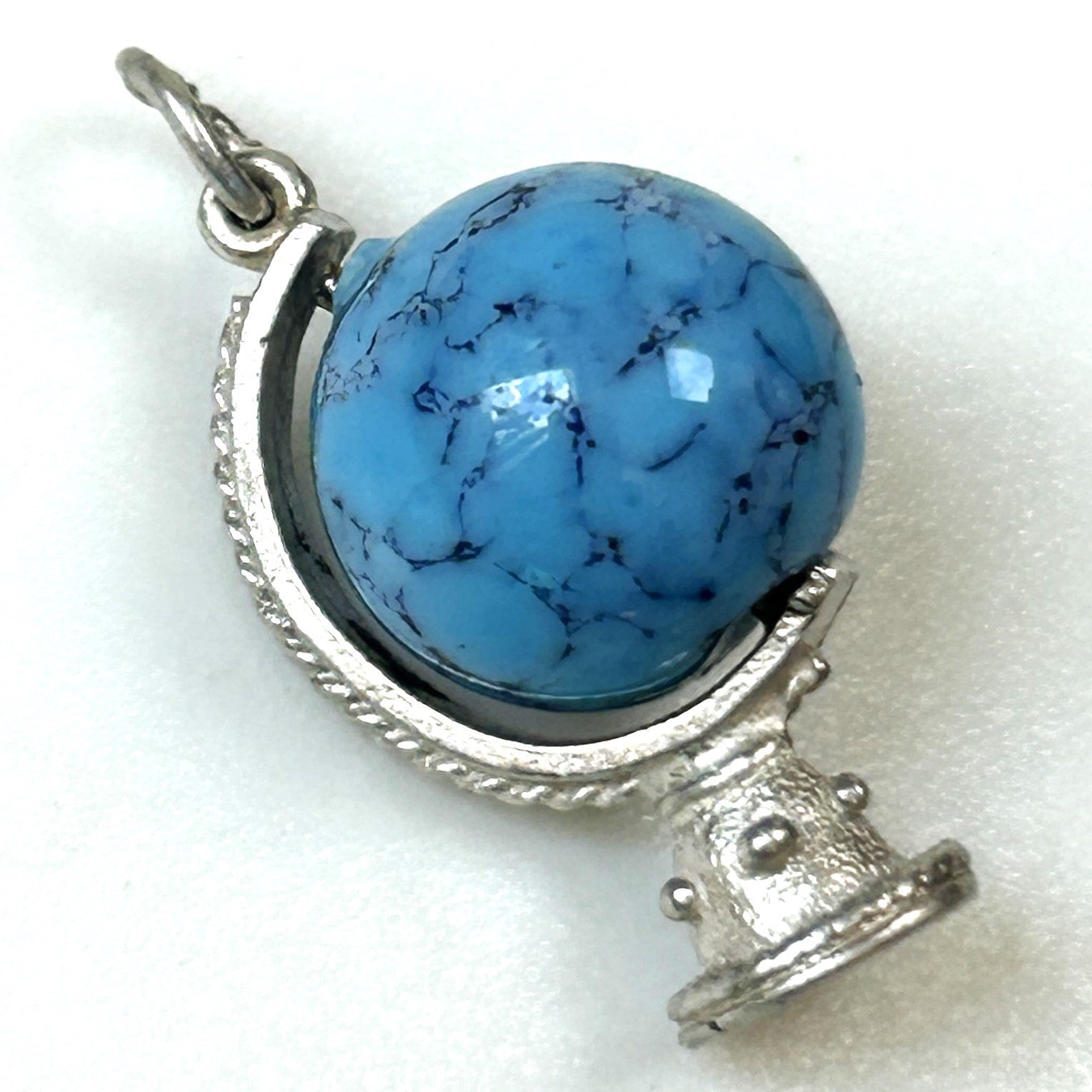 Miniature Silver and Turquoise World Globe Charm Pendant