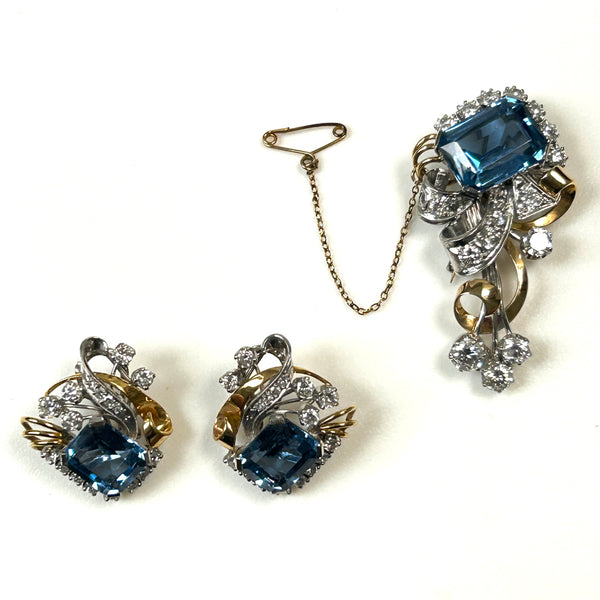 Vintage 9ct Gold, Blue Spinel and Diamond Brooch and Earrings