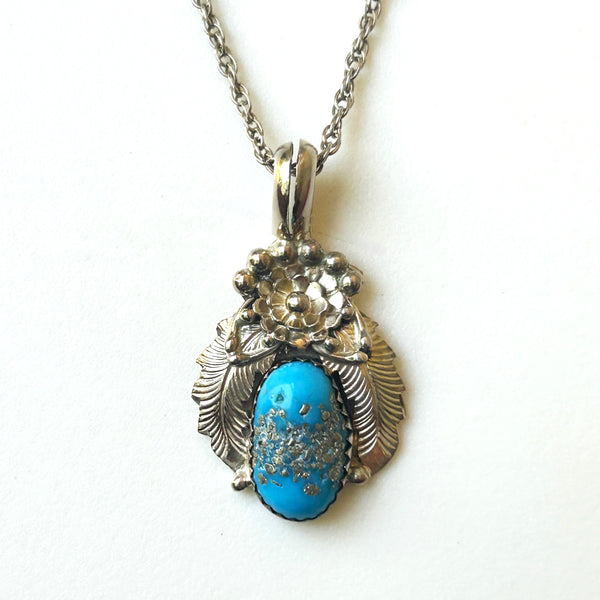 Vintage Gilded Silver and Turquoise Pendant Necklace