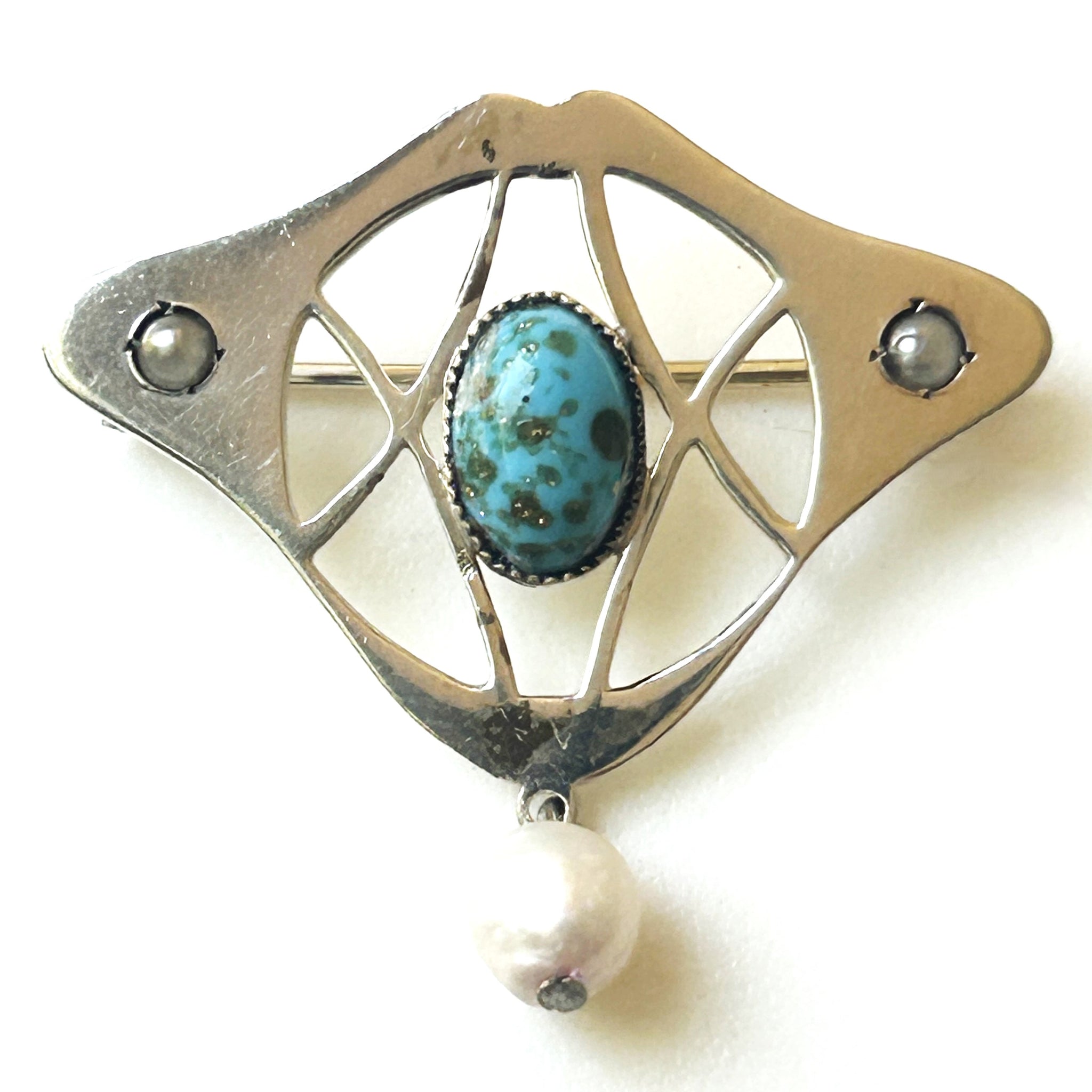 Antique, Art Nouveau, Silver, Pearl and Turquoise Brooch