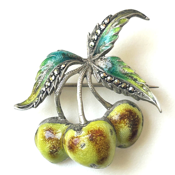 Enamelled Silver and Marcasite “Berries and Leaves” Brooch