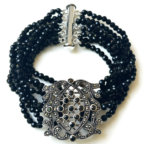 Sterling Silver, Black Spinel and Marcasite Bracelet