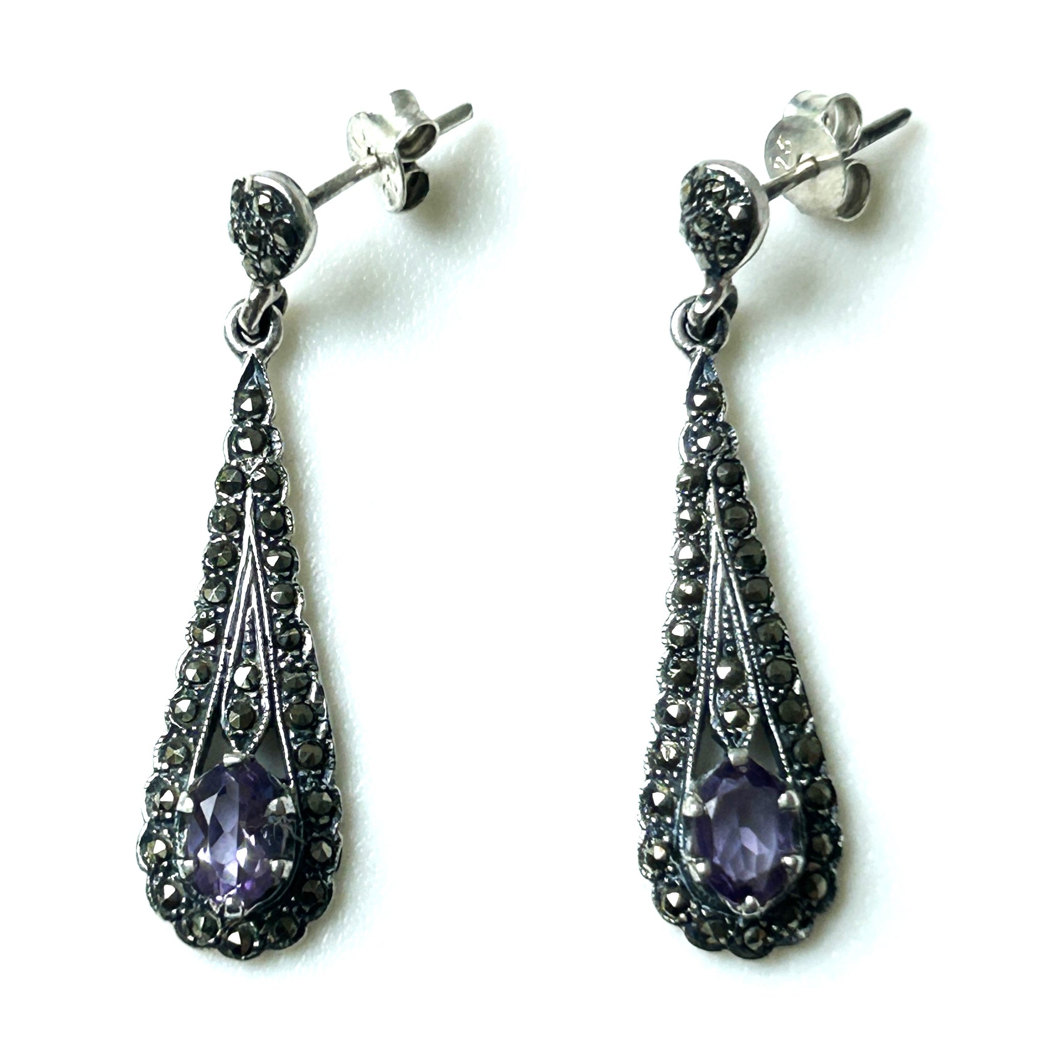 Sterling Silver, Amethyst and Marcasite Drop Earrings