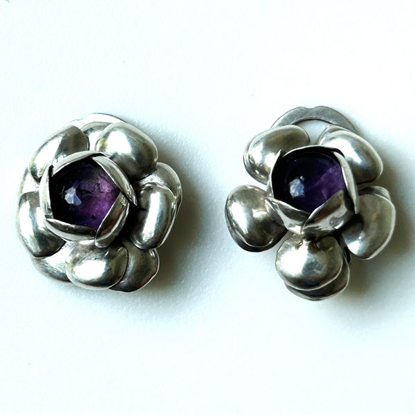 Mexican Silver and Amethyst “Flower” Clip-on Earrings