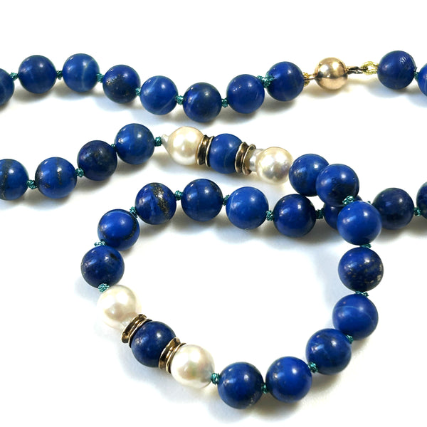 Vintage 9ct Yellow Gold, Lapis Lazuli and Pearl Necklace