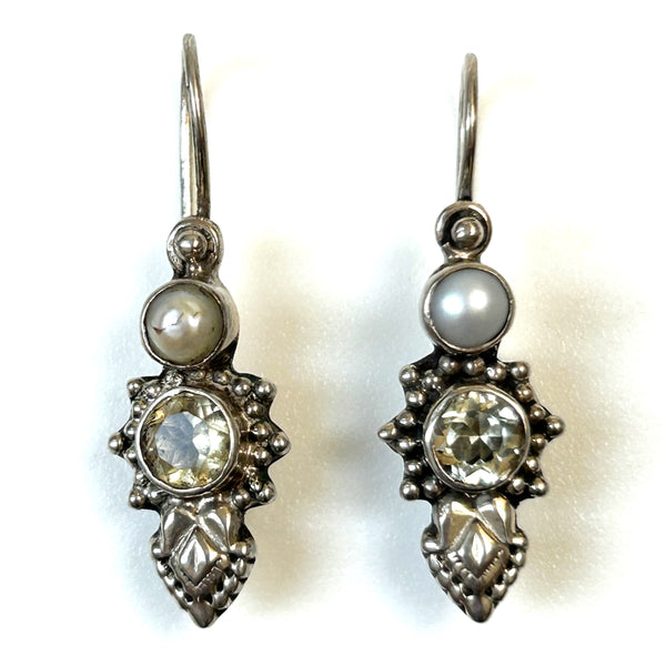 Vintage Sterling Silver, Pearl, and Citrine Drop Earrings
