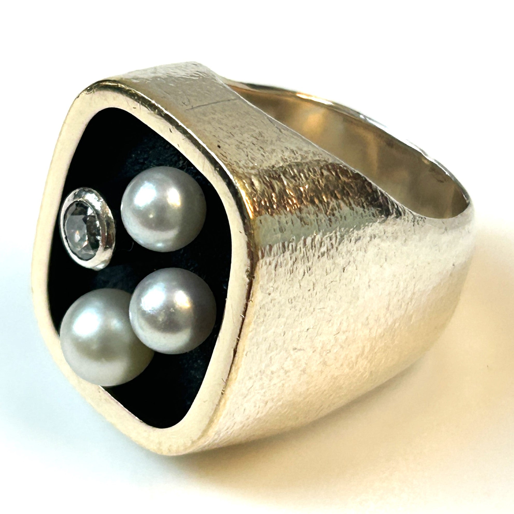 Modernist Sterling Silver, Diamond and Pearl Ring by Kurt Donau