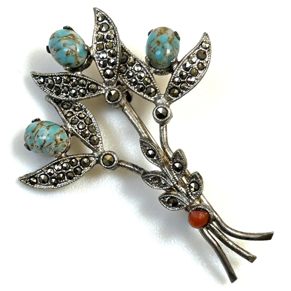 White Metal, Turquoise, Coral, and Marcasite “Flower” Brooch