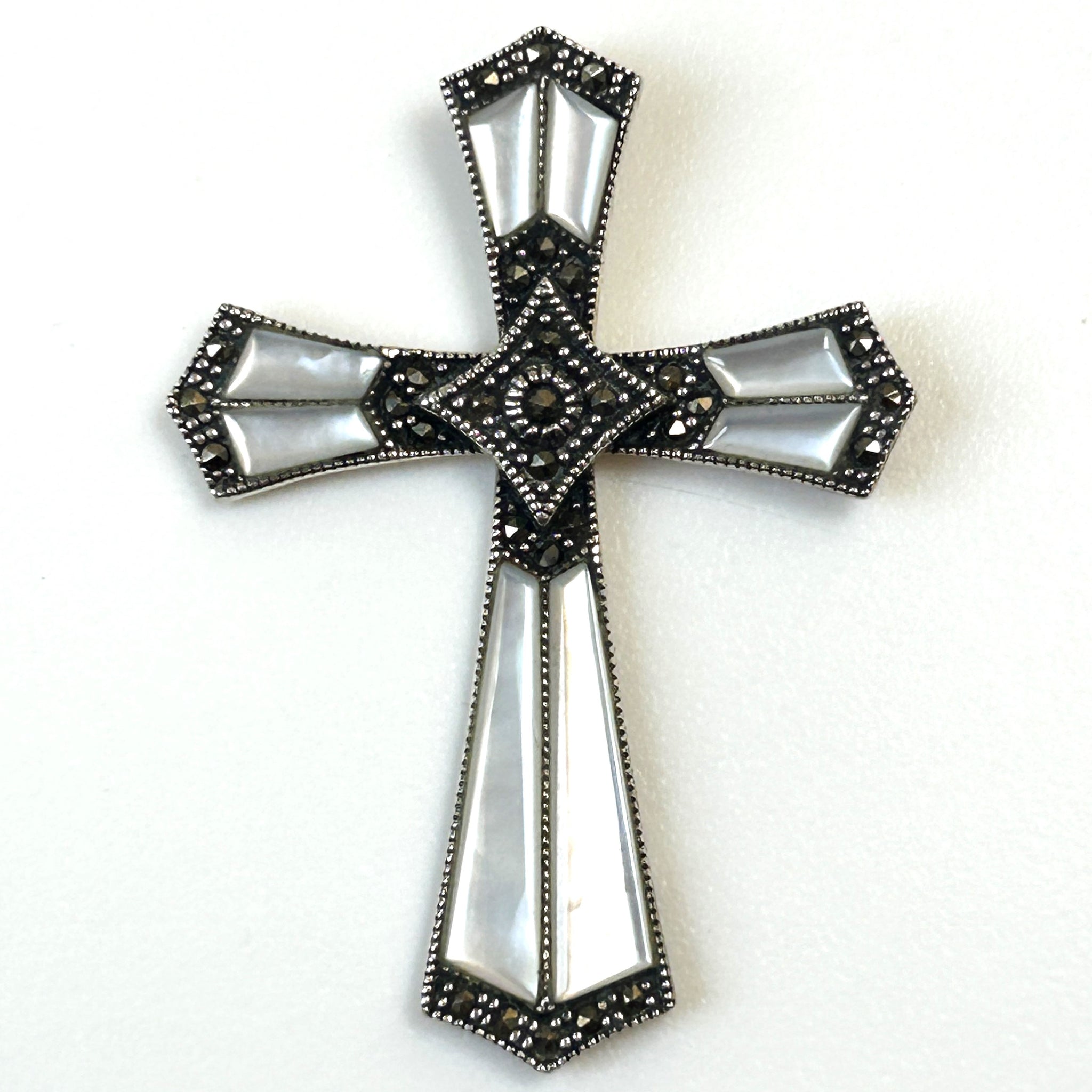 Silver, Mother-of-Pearl, and Marcasite “Cross” Pendant