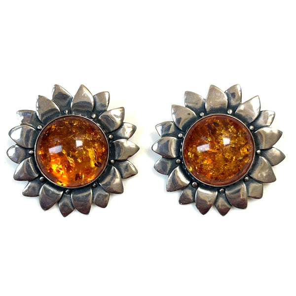 Large Sterling Silver and Amber “Flower” Clip-on Earrings