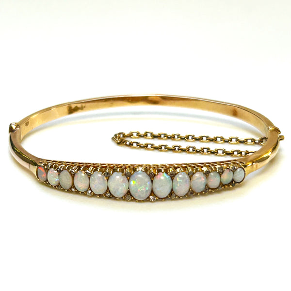 Antique 15ct Gold, Opal and Diamond Hinged Bangle