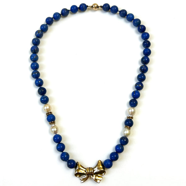 Vintage 9ct Yellow Gold, Lapis Lazuli and Pearl “Bow” Necklace